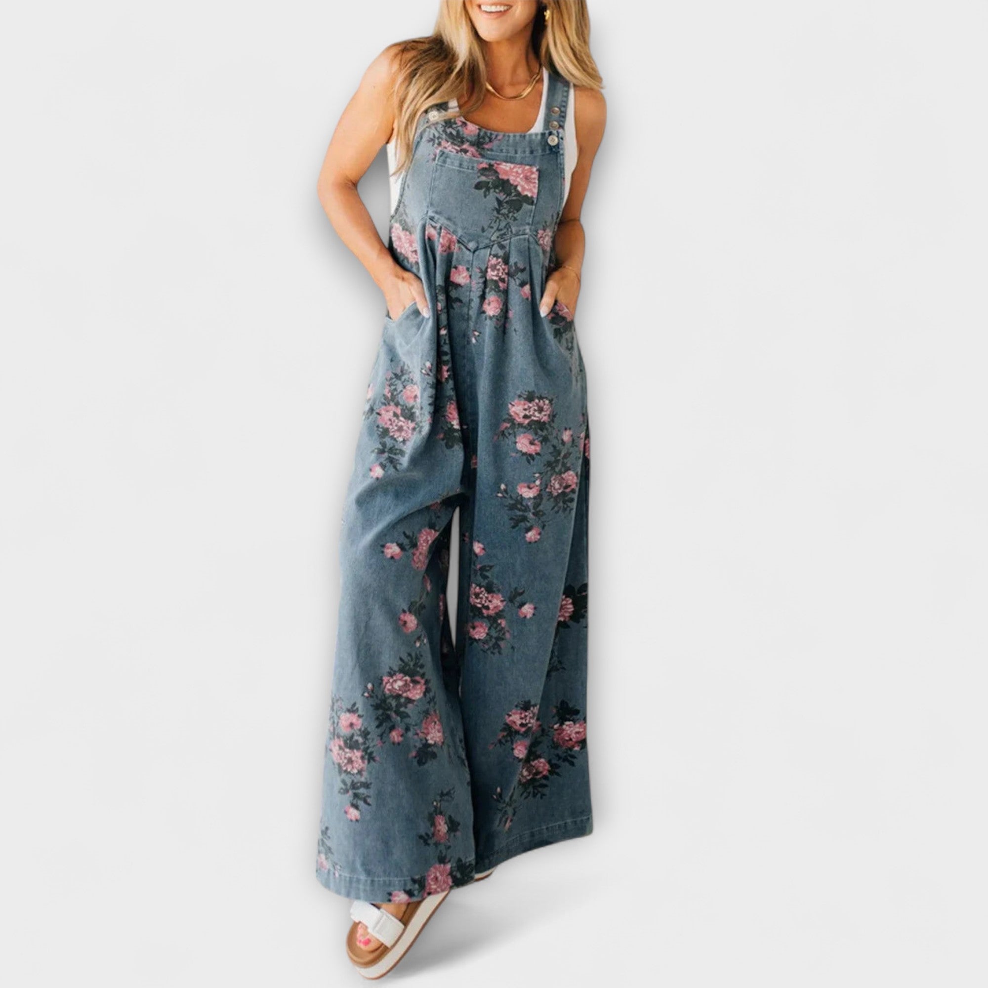 Bethany - Blomsterprint Bred Denim Overalls