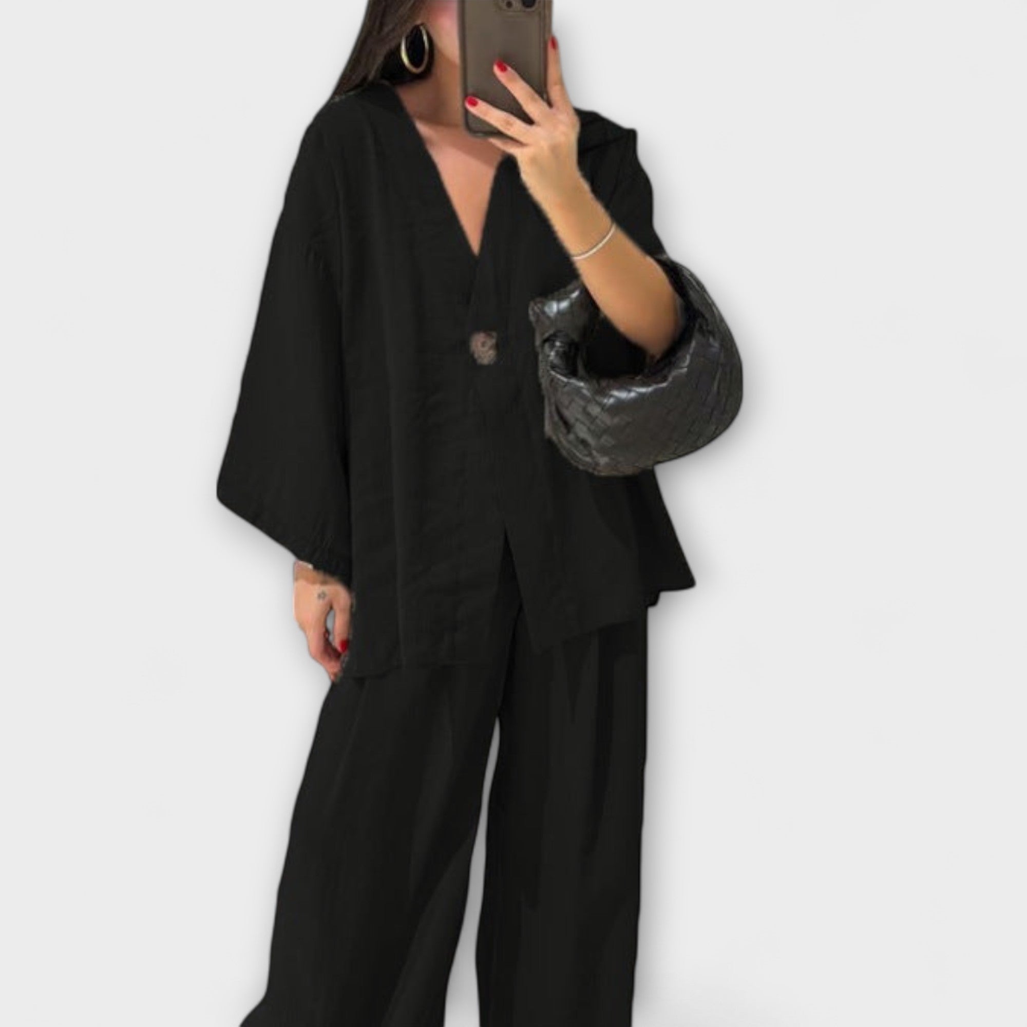 Jacqueline - Casual V-Hals Top og Bukser Duo