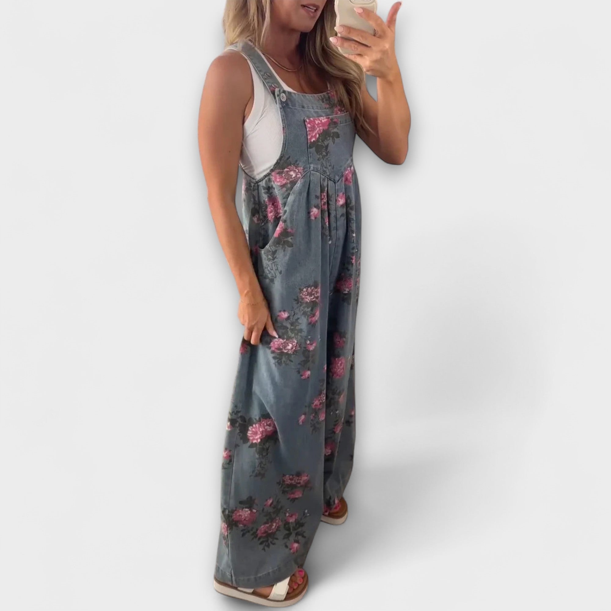 Bethany - Blomsterprint Bred Denim Overalls