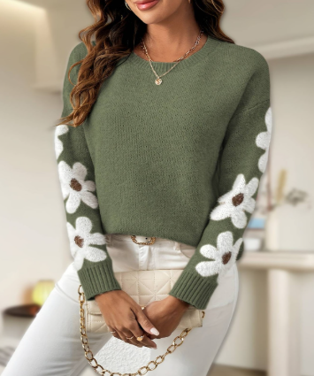 Silke - Blød Strik Sweater med Blomsterdesign