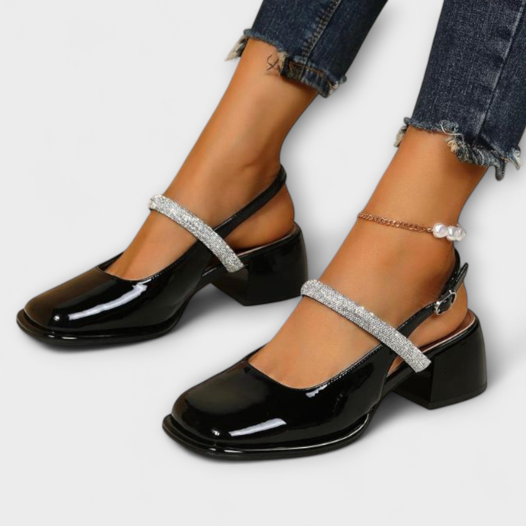 Celandra - Mary Janes med Glitterrem og Blokhæl