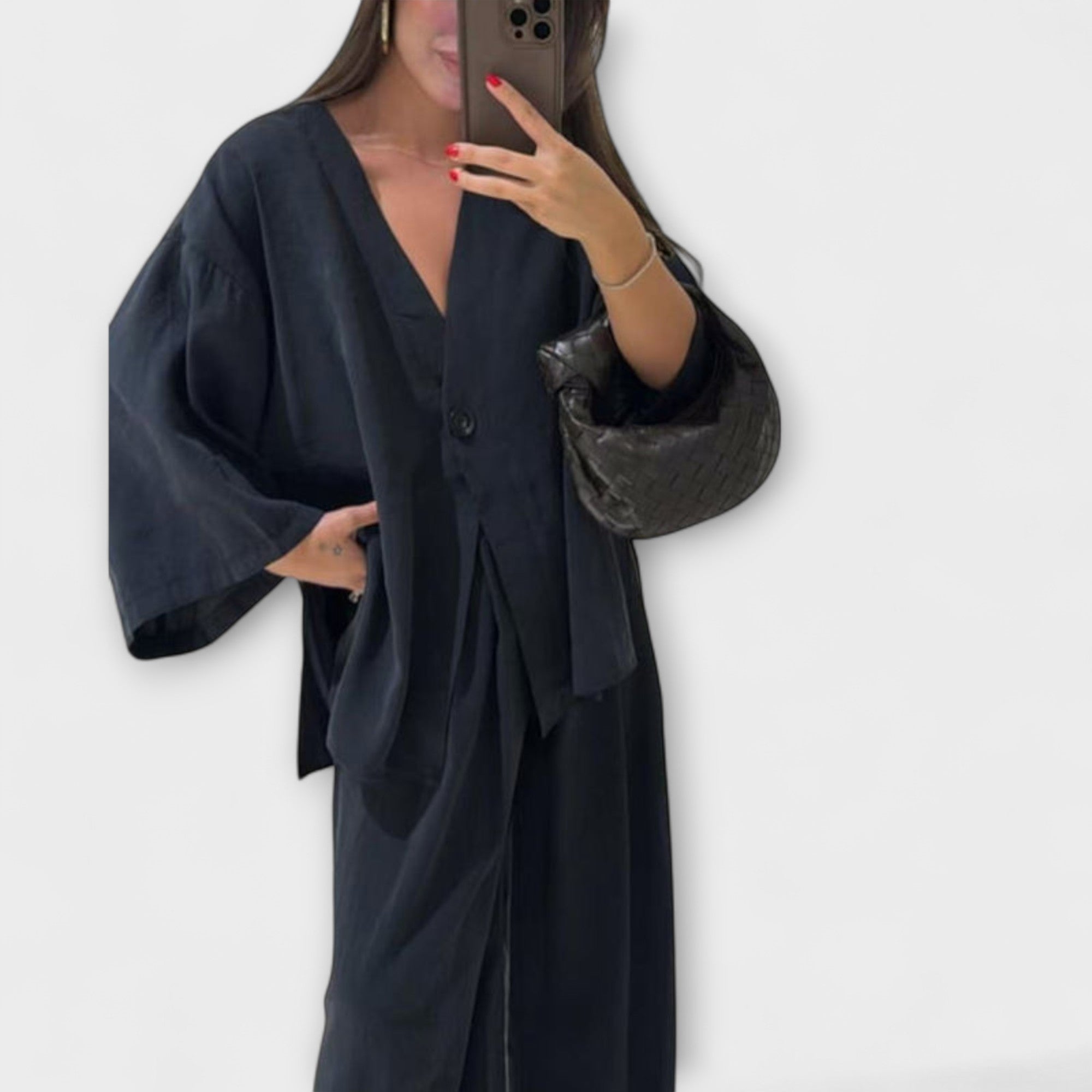 Jacqueline - Casual V-Hals Top og Bukser Duo