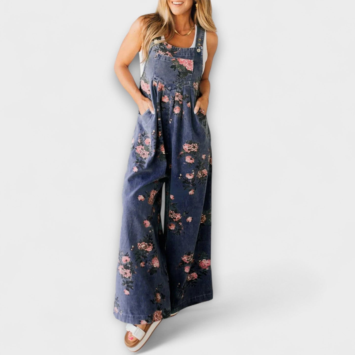 Bethany - Blomsterprint Bred Denim Overalls