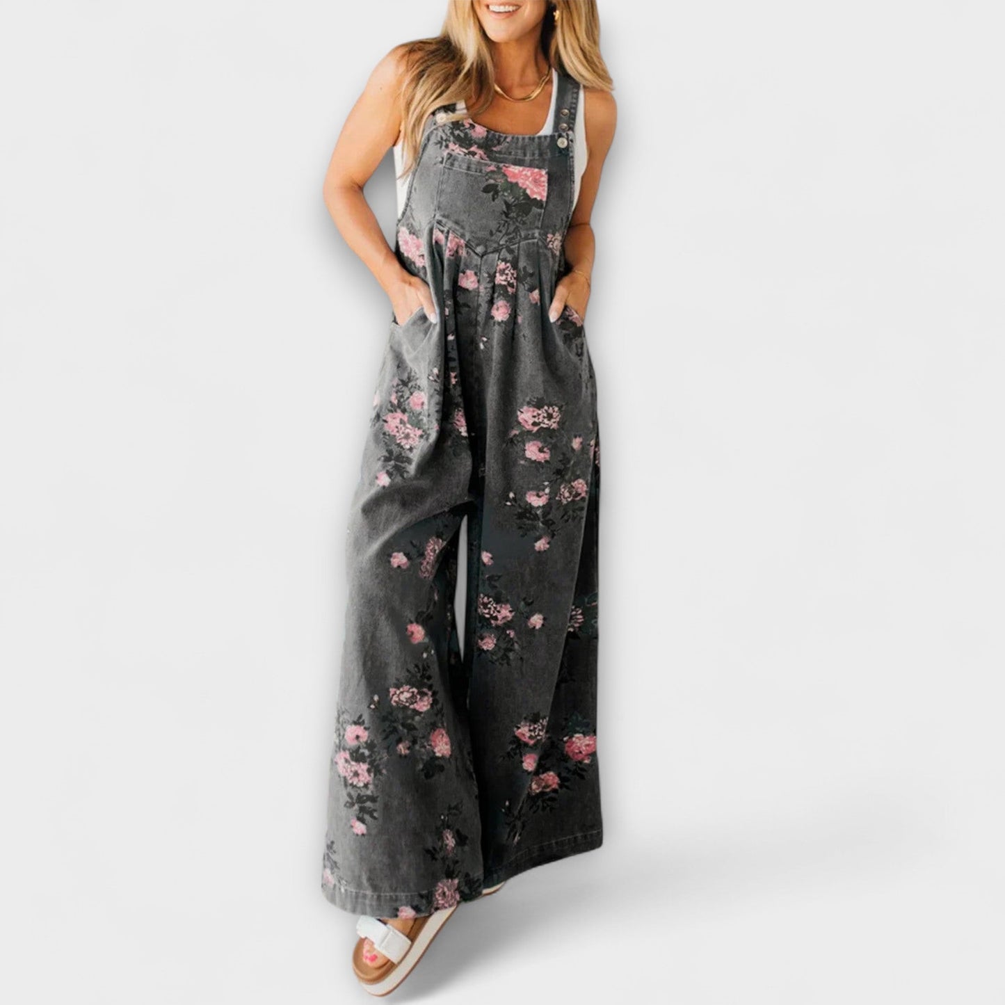 Bethany - Blomsterprint Bred Denim Overalls